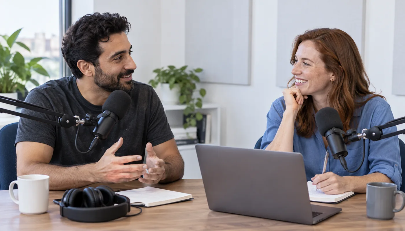 Two podcast hosts recording a conversation at a table with microphones.