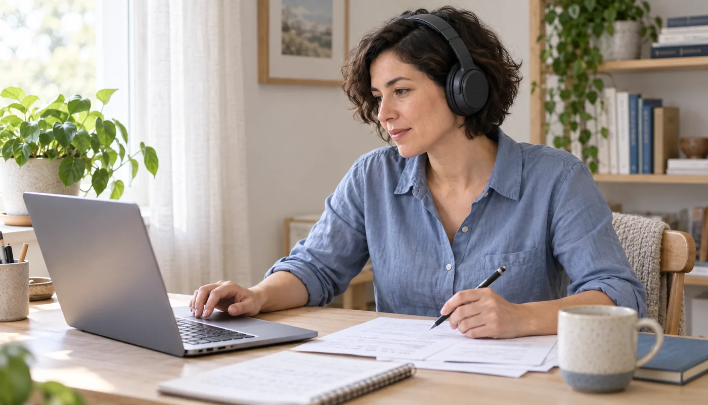 A woman wearing headphones checks her notes beside an open laptop.